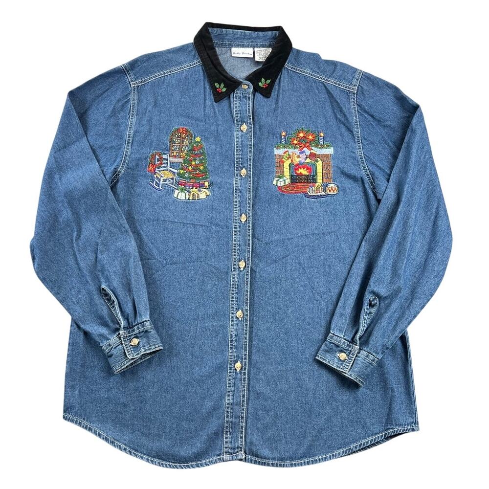 Vintage Bobbie Brooks Christmas Embroidered Denim Shirt Holly Velvet Collar - L